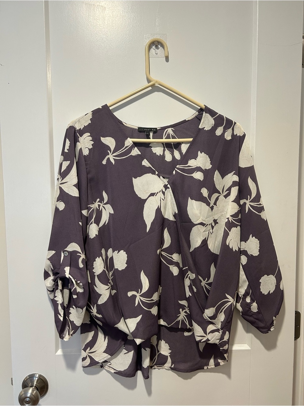 Purple Floral V-Neck Blouse with White Print